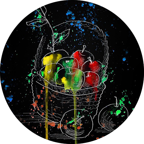 the logo illustration for Appleplum Draws, a lineart of a basket of fruit with paint splattered all over it.