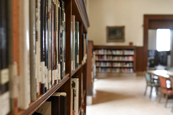 a slightly out of focus side view of library shelves